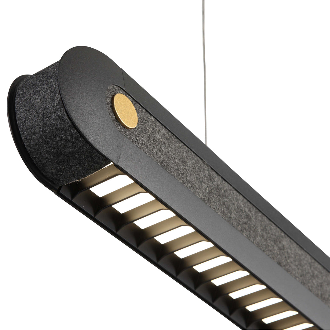 Lucretia HarmonyShade DuoGlow acoustic anti-glare pendant light close-up showing sound-absorbing felt panels and downward baffle optic.