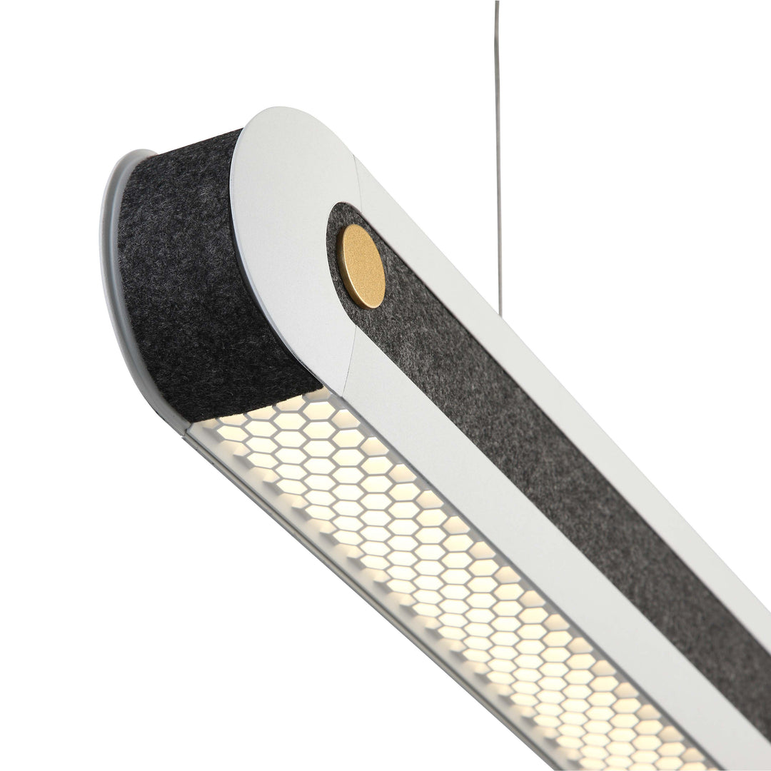 Lucretia HarmonyShade DuoGlow pendant light bottom view highlighting acoustic felt housing and anti-glare baffle lighting system.