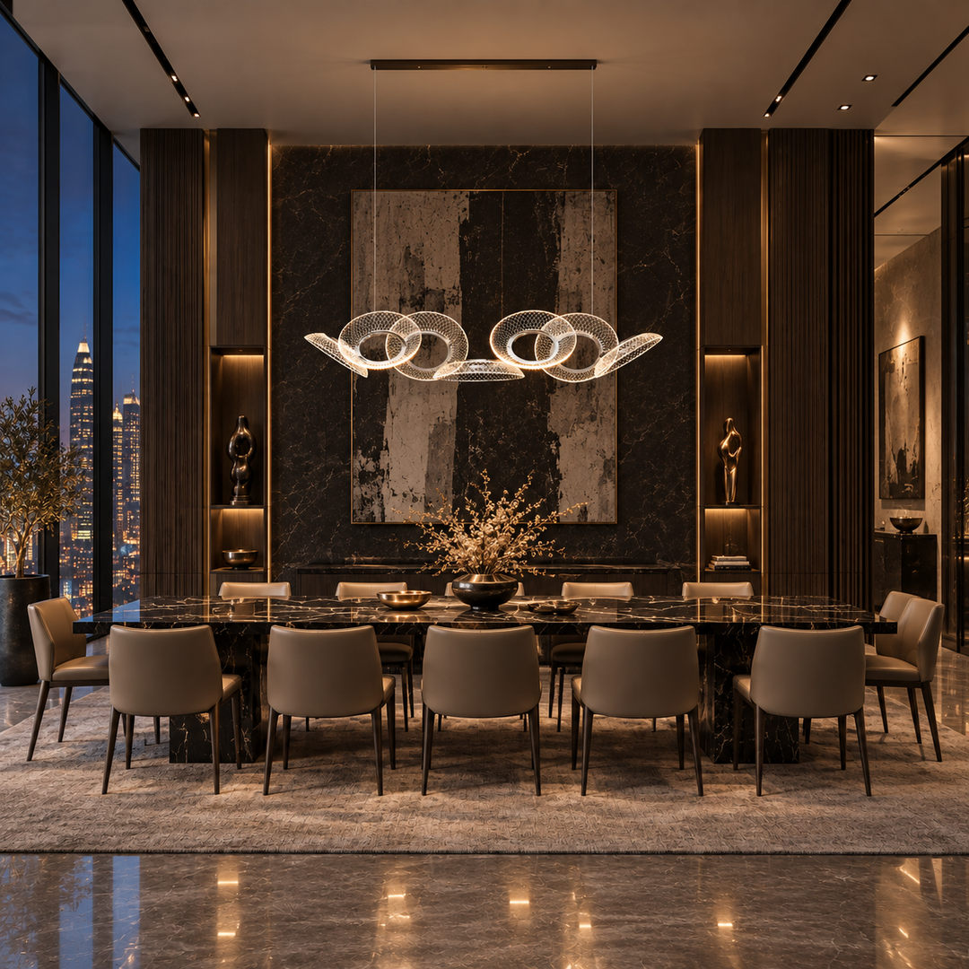Helios 1230 linear pendant light with laser-engraved acrylic rings above a dark marble dining table with a night city view