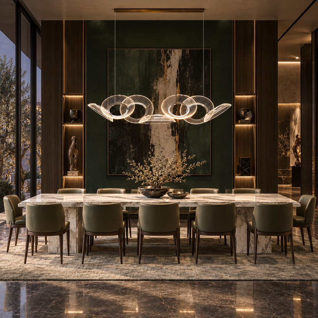 Helios 1230 linear pendant light above a marble dining table with olive green leather chairs against a deep green feature wall