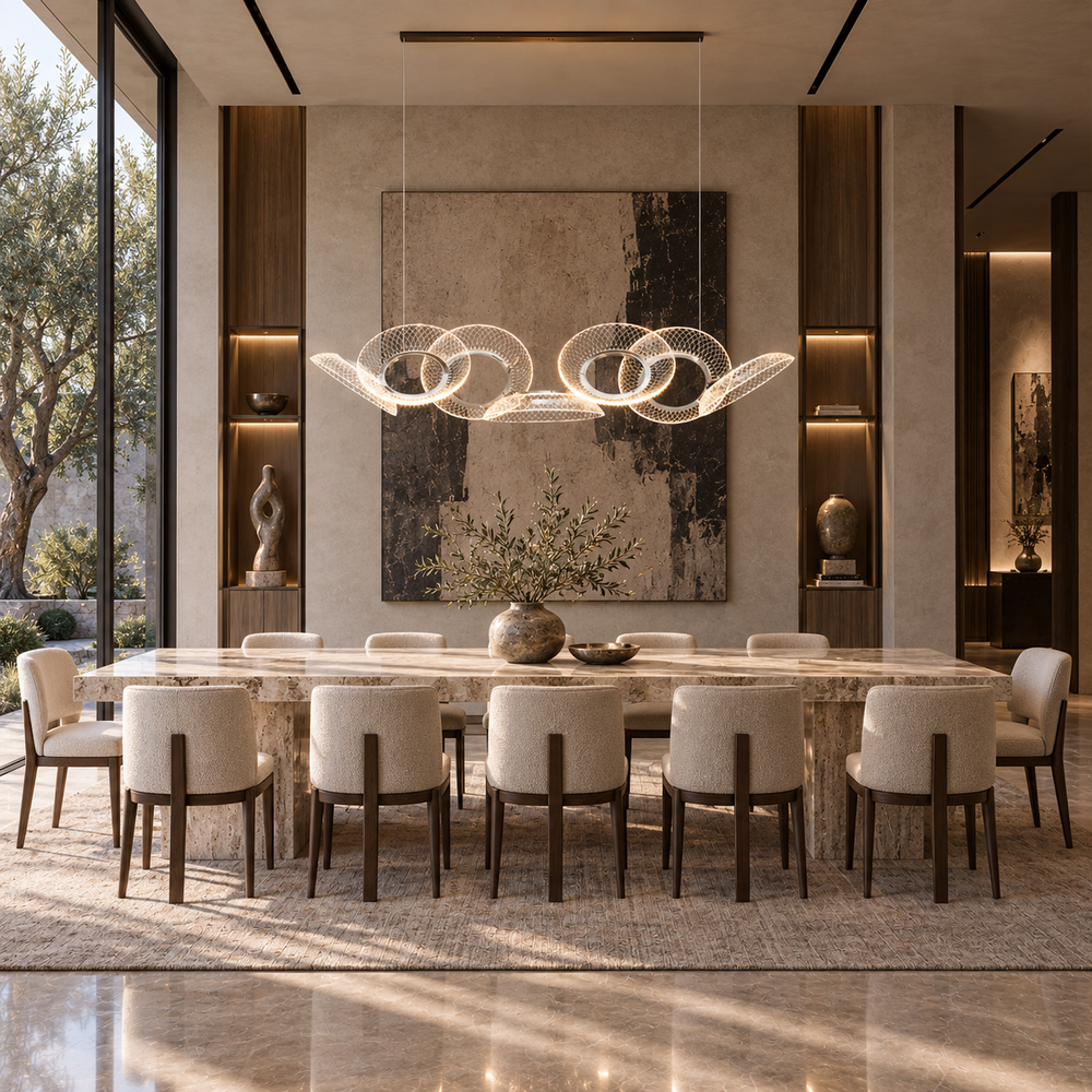 Helios 1230 linear pendant light with interlocking acrylic rings over a marble dining table and cream chairs in a sunlit dining room