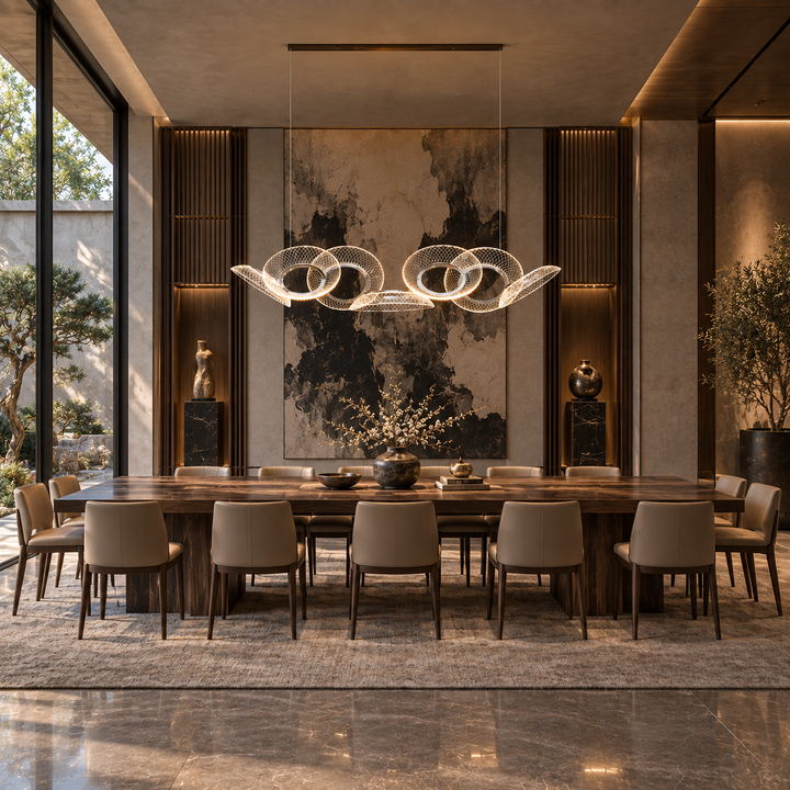 Helios 1230 linear pendant light above a long timber dining table with taupe chairs in a garden-facing dining room