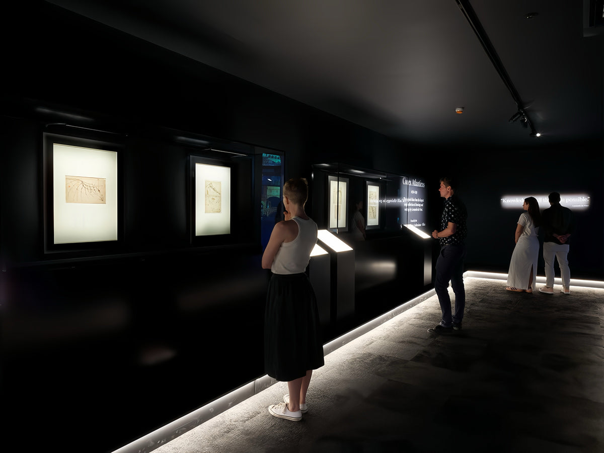 The interpretive gallery with drawing panels framed in light