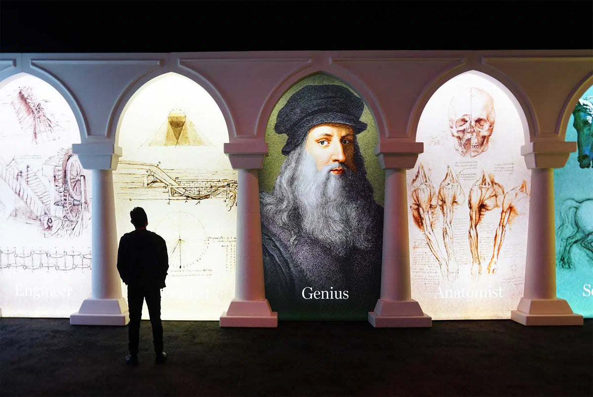 Projected arches with Leonardo da Vinci's portrait and drawings