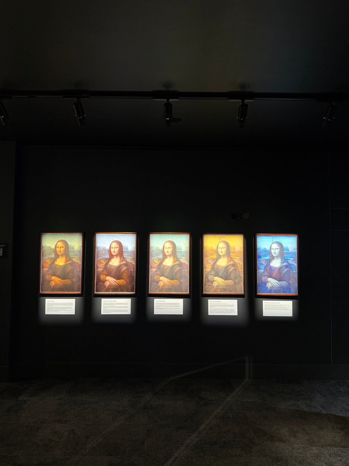 A row of Mona Lisa panels, each framed by its own track projector beam