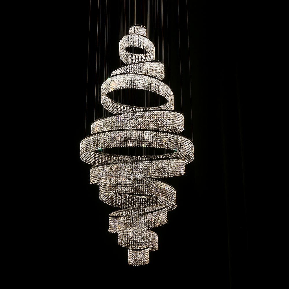 Lucretia Lighting Luminous Eleven custom crystal spiral chandelier used as a bespoke feature light in contemporary interiors