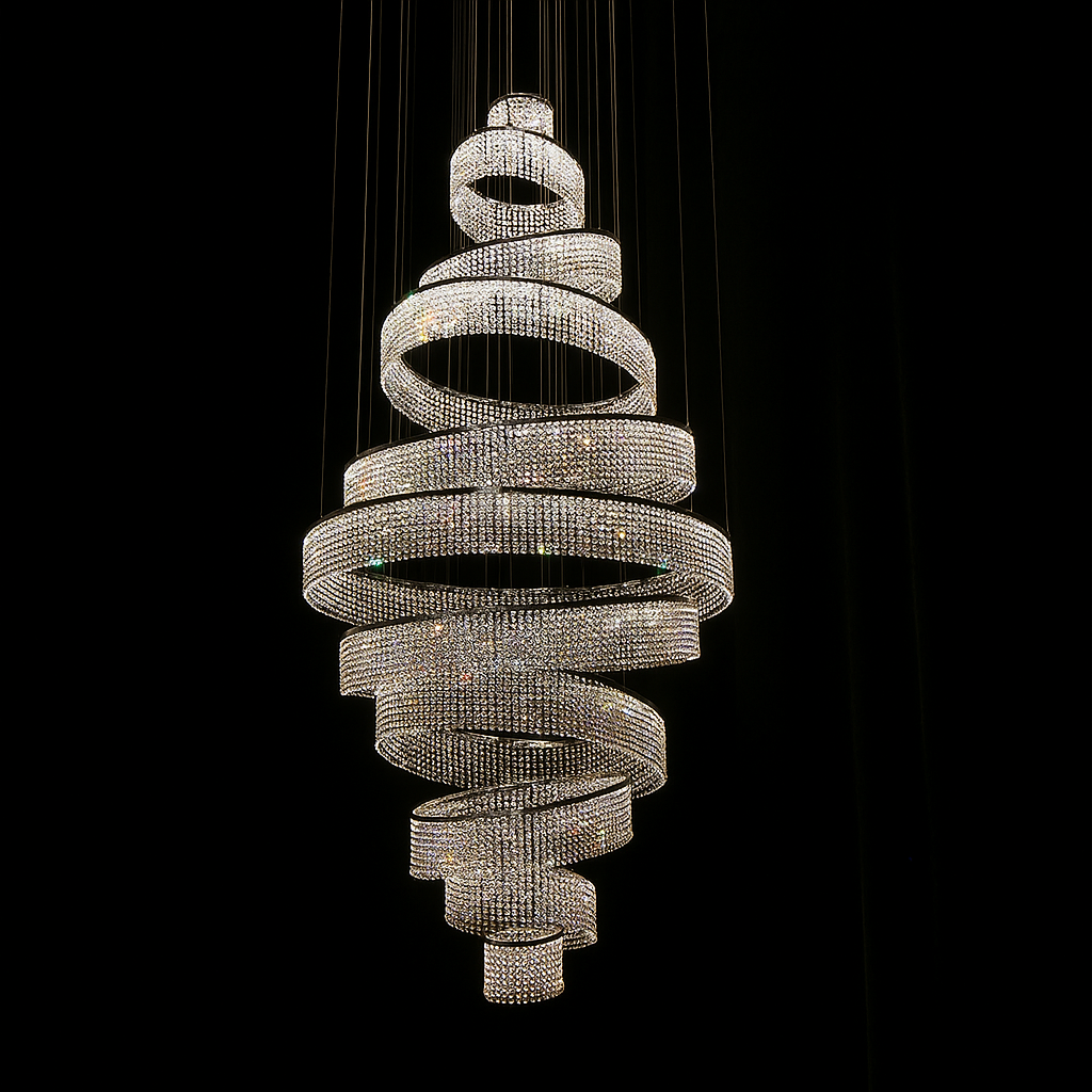 Lucretia Lighting Luminous Eleven custom crystal spiral chandelier used as a bespoke feature light in contemporary interiors