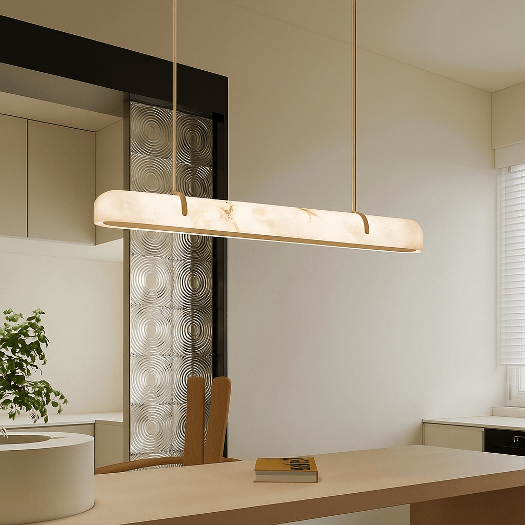 LunaBar LED linear pendant light in Spanish alabaster providing warm designer lighting above a modern kitchen island in Australia