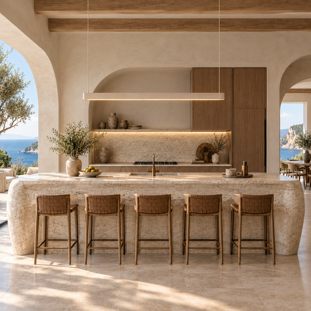 Ova linear pendant light above a travertine kitchen island with woven stools in an arched Mediterranean kitchen overlooking the sea