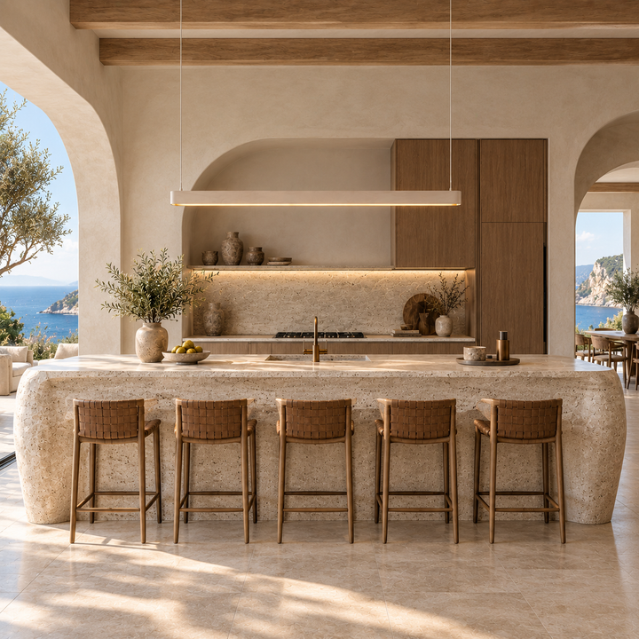 Ova linear pendant light above a travertine kitchen island with woven stools in an arched Mediterranean kitchen overlooking the sea
