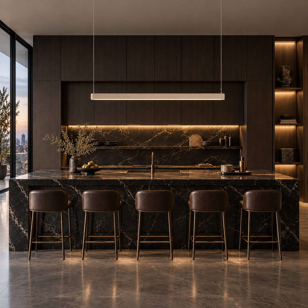 Ova linear pendant light in khaki off-white above a black marble kitchen island with dark leather stools in a dark timber kitchen
