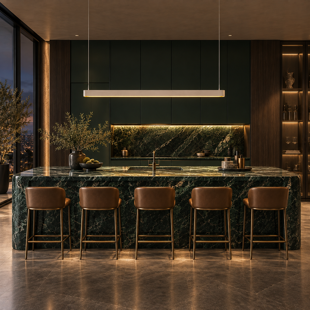 Ova linear pendant light above a green marble kitchen island with tan leather stools and deep green cabinetry