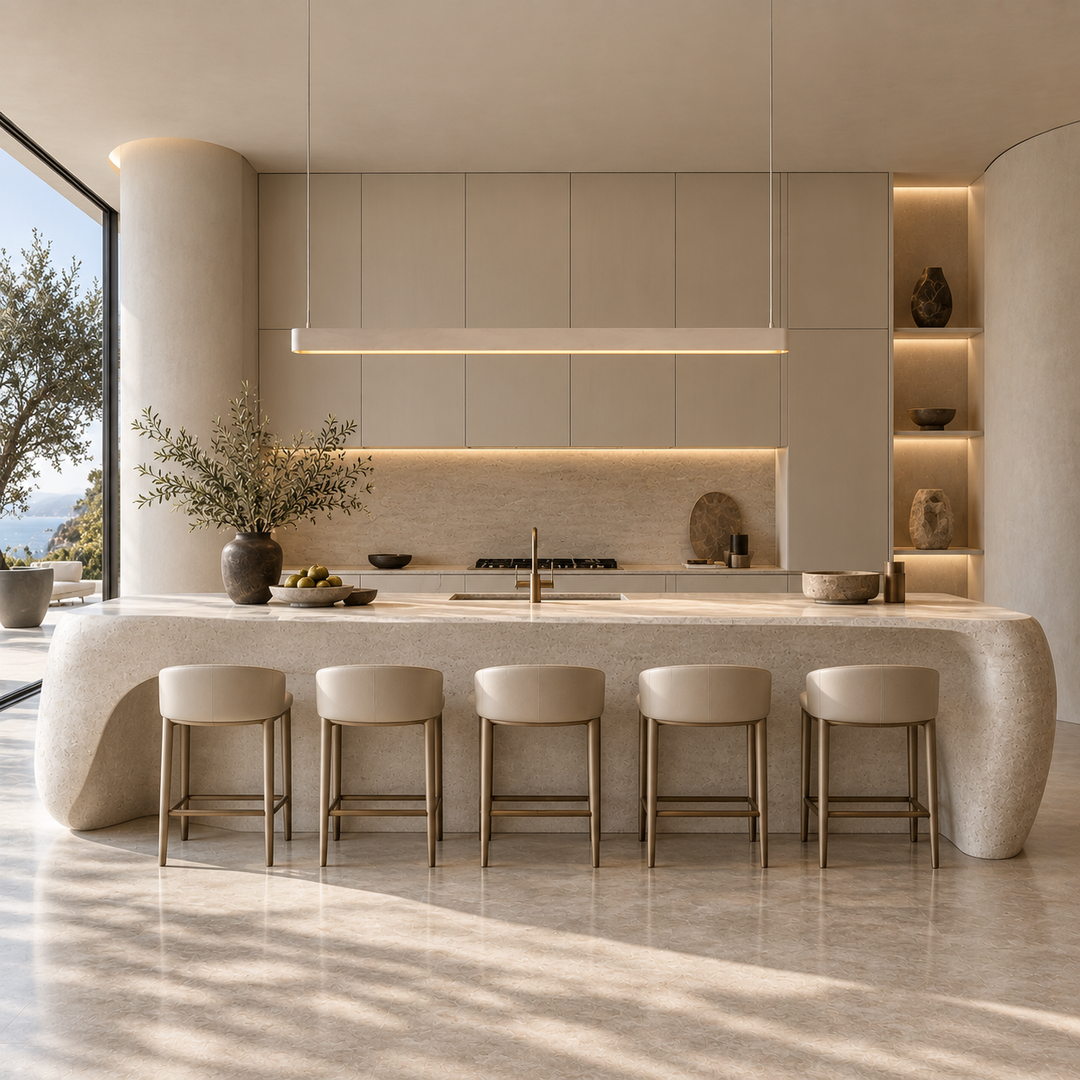 Ova linear pendant light in khaki off-white over a sculptural cream stone kitchen island in a light minimalist kitchen