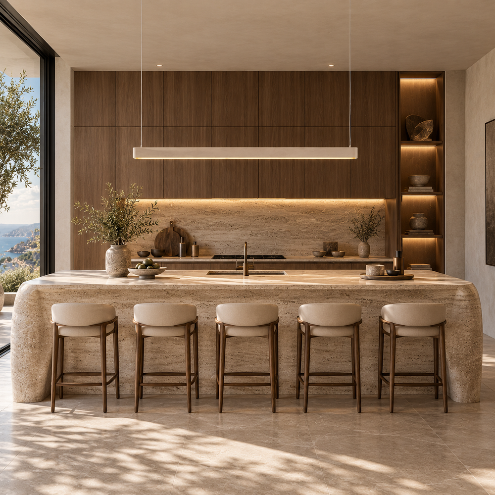 Ova linear pendant light in khaki off-white over a curved travertine kitchen island with timber cabinetry and a coastal view