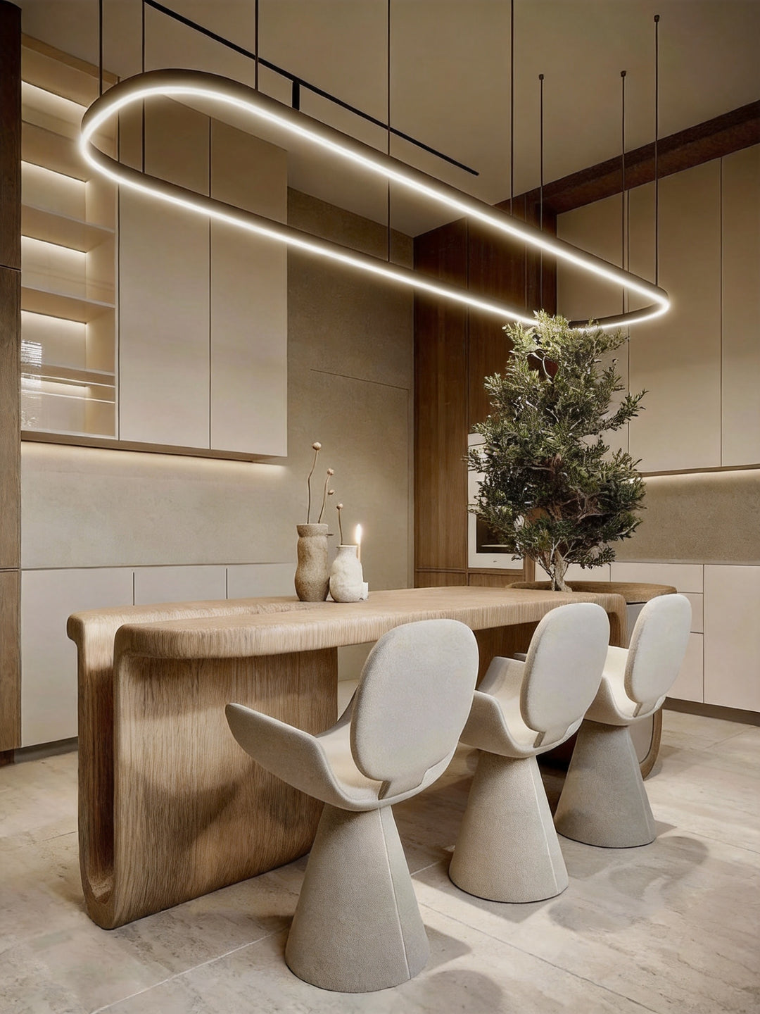 Lucretia Lighting oval LED ring bespoke lighting displayed as a custom oval pendant modern ceiling light in a dining room