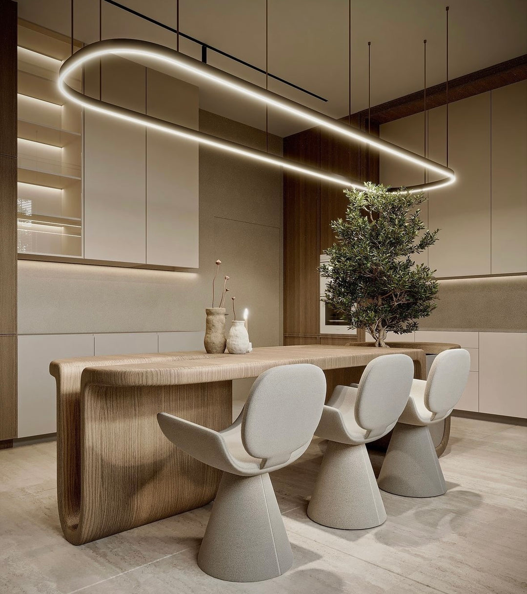 Lucretia Lighting oval LED ring bespoke lighting displayed as a custom oval pendant modern ceiling light in a dining room