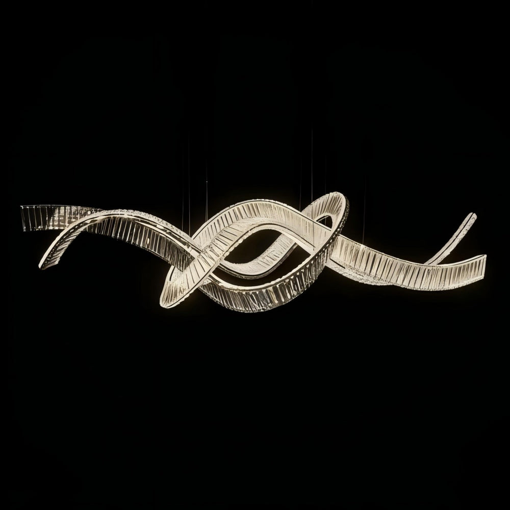 Lucretia Lighting Pharaoh Infinity 1850 Noir bespoke pendant light shown against a black background highlighting its sculptural wave-shaped custom lighting design