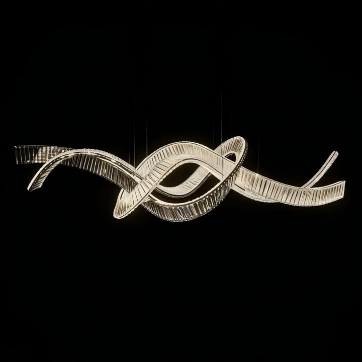 Lucretia Lighting Pharaoh Infinity 1850 Noir bespoke pendant light shown against a black background highlighting its sculptural wave-shaped custom lighting design