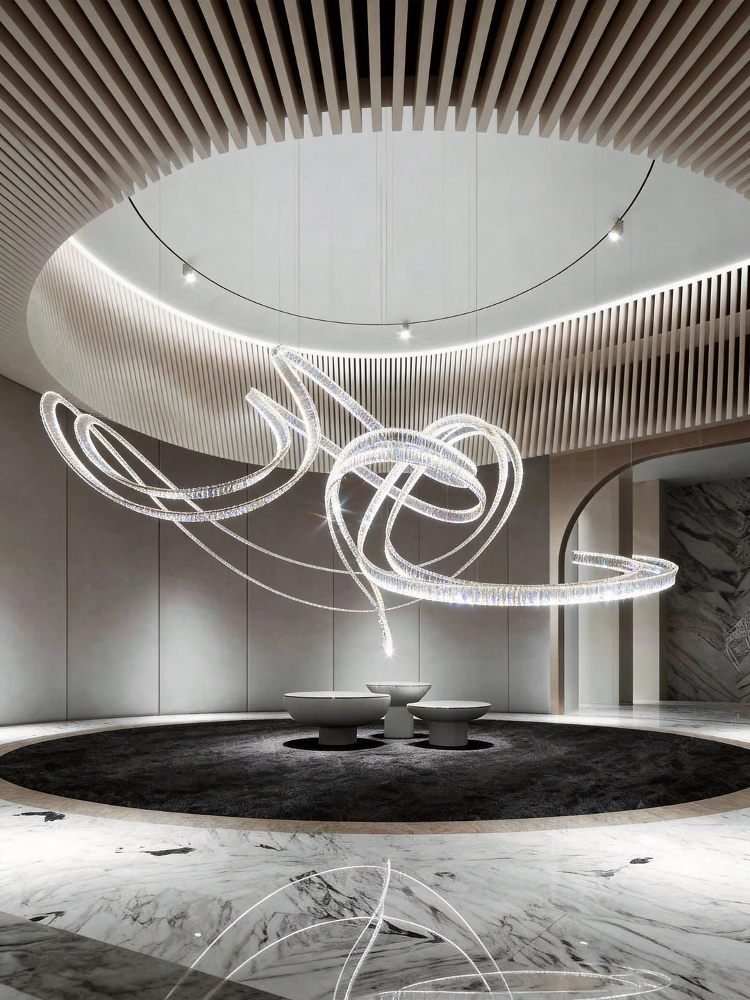 Lucretia Lighting Pharaoh Signature bespoke lighting displayed in a luxury double-height hotel lobby as a sculptural LED installation with custom fluid design