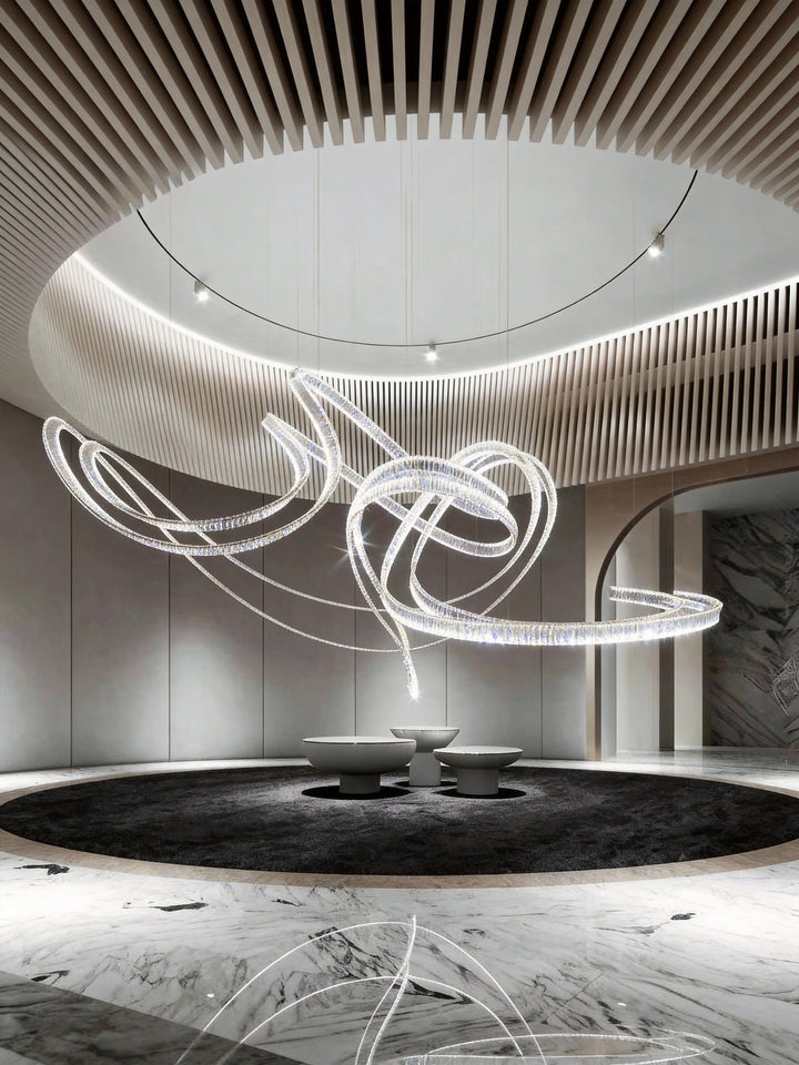 Lucretia Lighting Pharaoh Signature bespoke lighting displayed in a luxury double-height hotel lobby as a sculptural LED installation with custom fluid design