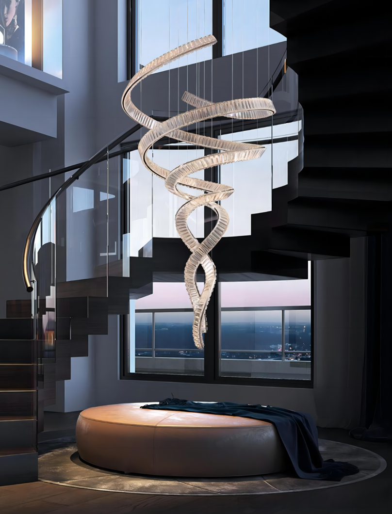 Lucretia Lighting Pharaoh Tour Double 1950 crystal chandelier custom LED spiral lighting feature for stair voids hotel lobbies and contemporary homes