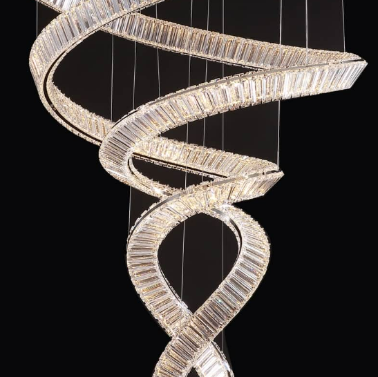 Lucretia Lighting Pharaoh Tour Double 1950 spiral crystal chandelier detail showing custom LED rings and premium craftsmanship