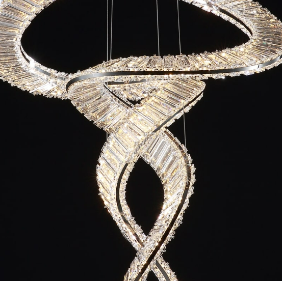 Lucretia Lighting Pharaoh Tour Double chandelier crystal detail showing custom spiral LED craftsmanship for premium interiors