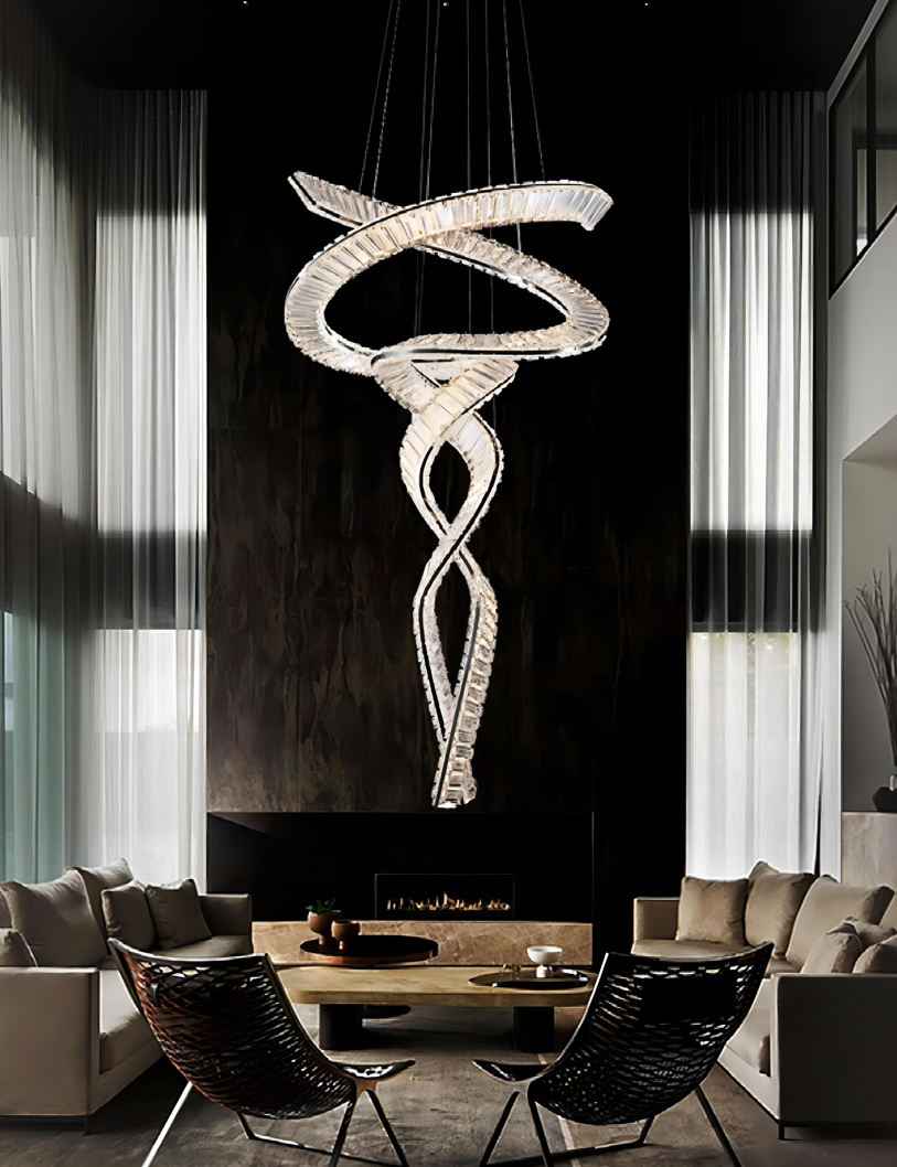 Lucretia Lighting Pharaoh Tour Double crystal chandelier custom LED dual spiral statement centrepiece for modern residential and commercial spaces