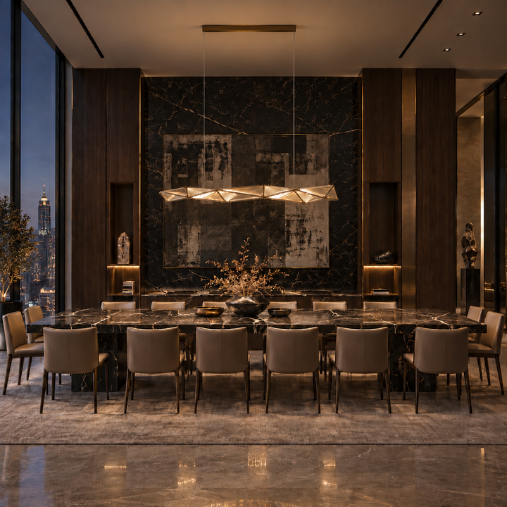 Proteus custom pendant light with faceted geometric panels above a dark marble dining table with a night city view