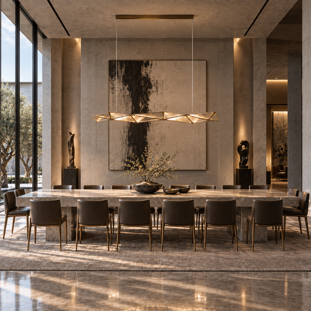 Proteus custom pendant light above a stone dining table with dark leather chairs in a double-height dining room