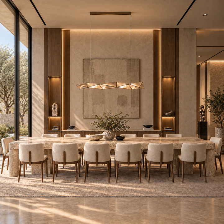 Proteus custom pendant light glowing over a light stone dining table with cream chairs in a sunlit dining room