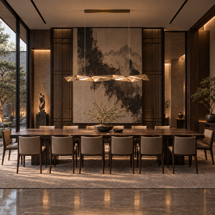 Proteus custom pendant light with faceted geometric panels above a long timber dining table with an ink-wash artwork behind