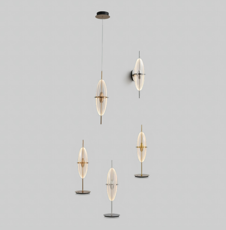 Lucretia Lighting Selene series linear pendant lights in brushed gold, chrome and matte black finishes for designer interior lighting