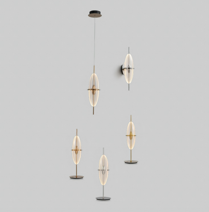 Lucretia Lighting Selene series linear pendant lights in brushed gold, chrome and matte black finishes for designer interior lighting
