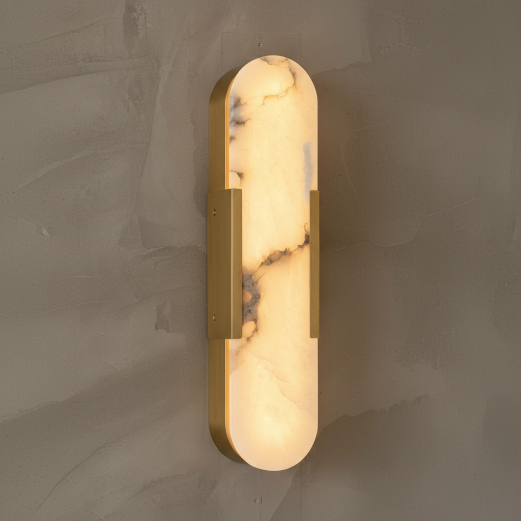 Sevilla alabaster wall lamp with smooth rounded stone form providing warm diffused illumination ideal for modern interiors and decorative wall lighting.