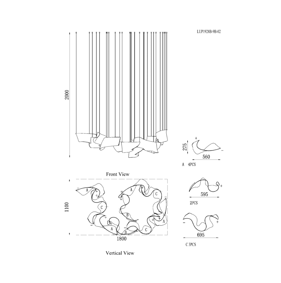 Lucretia Lighting Silken Flow pendant light technical drawing showing custom bespoke sculptural LED lighting configuration