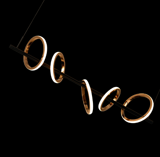 close-up of Soleil 5A ring pendant light by Lucretia Lighting highlighting sculptural illuminated rings and modern linear design