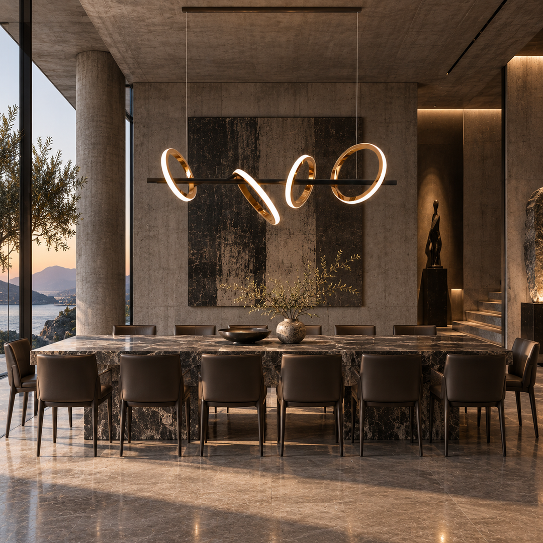 Soleil Custom 5A linear pendant light above a dark marble dining table with leather chairs in a concrete-columned dining room