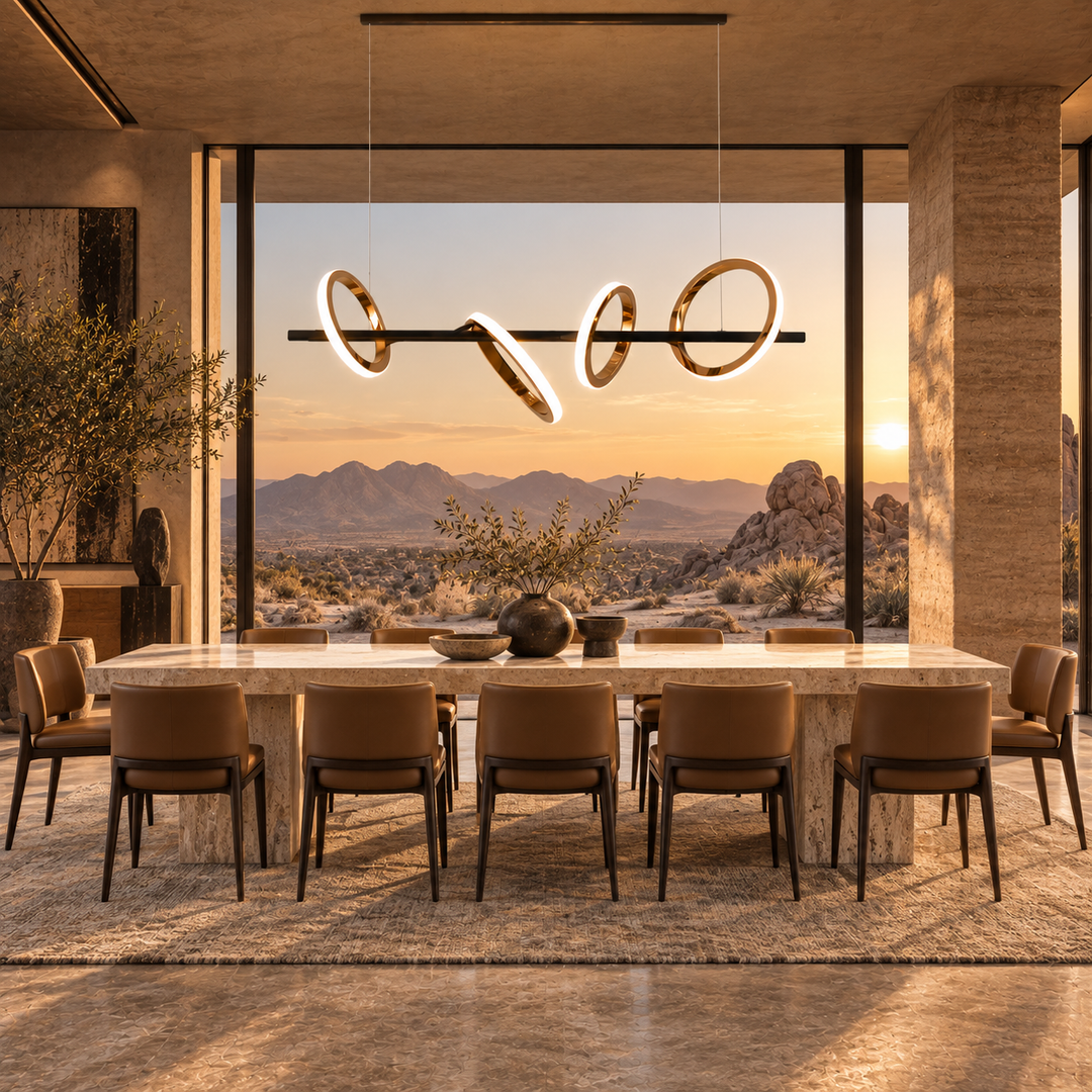 Soleil Custom 5A linear pendant light with rose gold rings above a travertine dining table overlooking a desert sunset