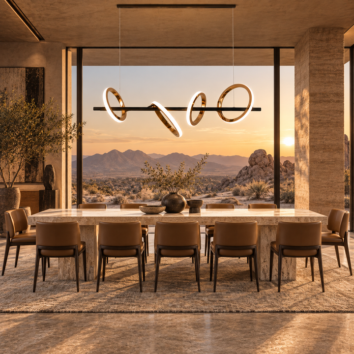 Soleil Custom 5A linear pendant light with rose gold rings above a travertine dining table overlooking a desert sunset