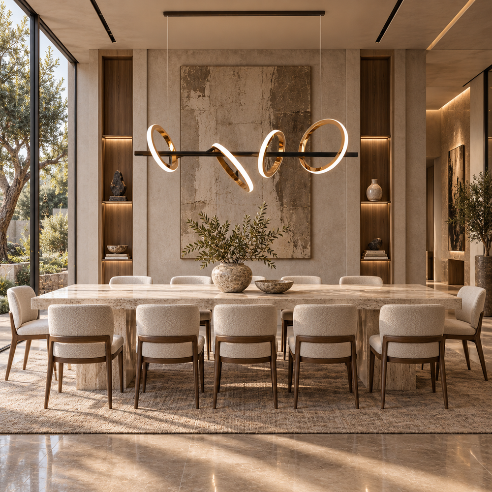 Soleil Custom 5A linear pendant light with illuminated rose gold rings over a travertine dining table and cream chairs