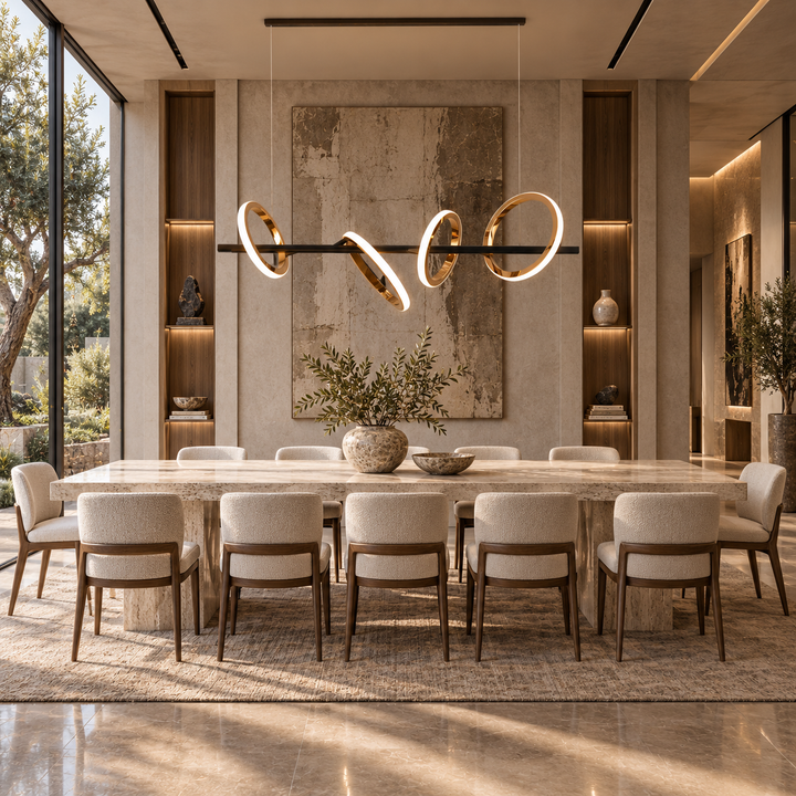 Soleil Custom 5A linear pendant light with illuminated rose gold rings over a travertine dining table and cream chairs