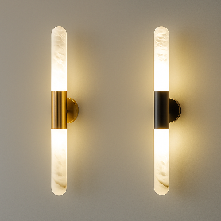Solina Twin alabaster wall lamp with natural brass fittings and dual alabaster diffusers ideal for interior lighting and contemporary decorative wall light design.