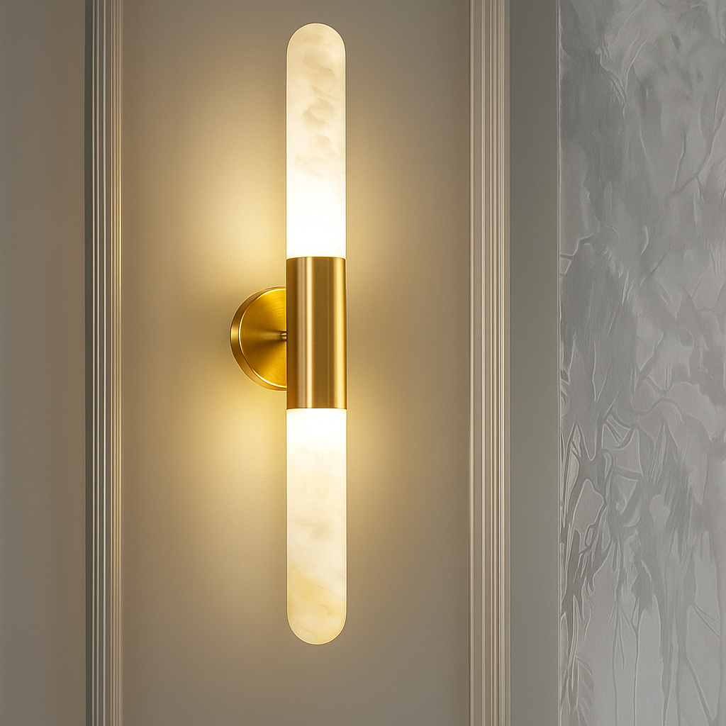 Solina Twin wall light illuminating a contemporary interior with soft ambient glow ideal for hallway lighting living rooms and modern decorative wall lamp use.