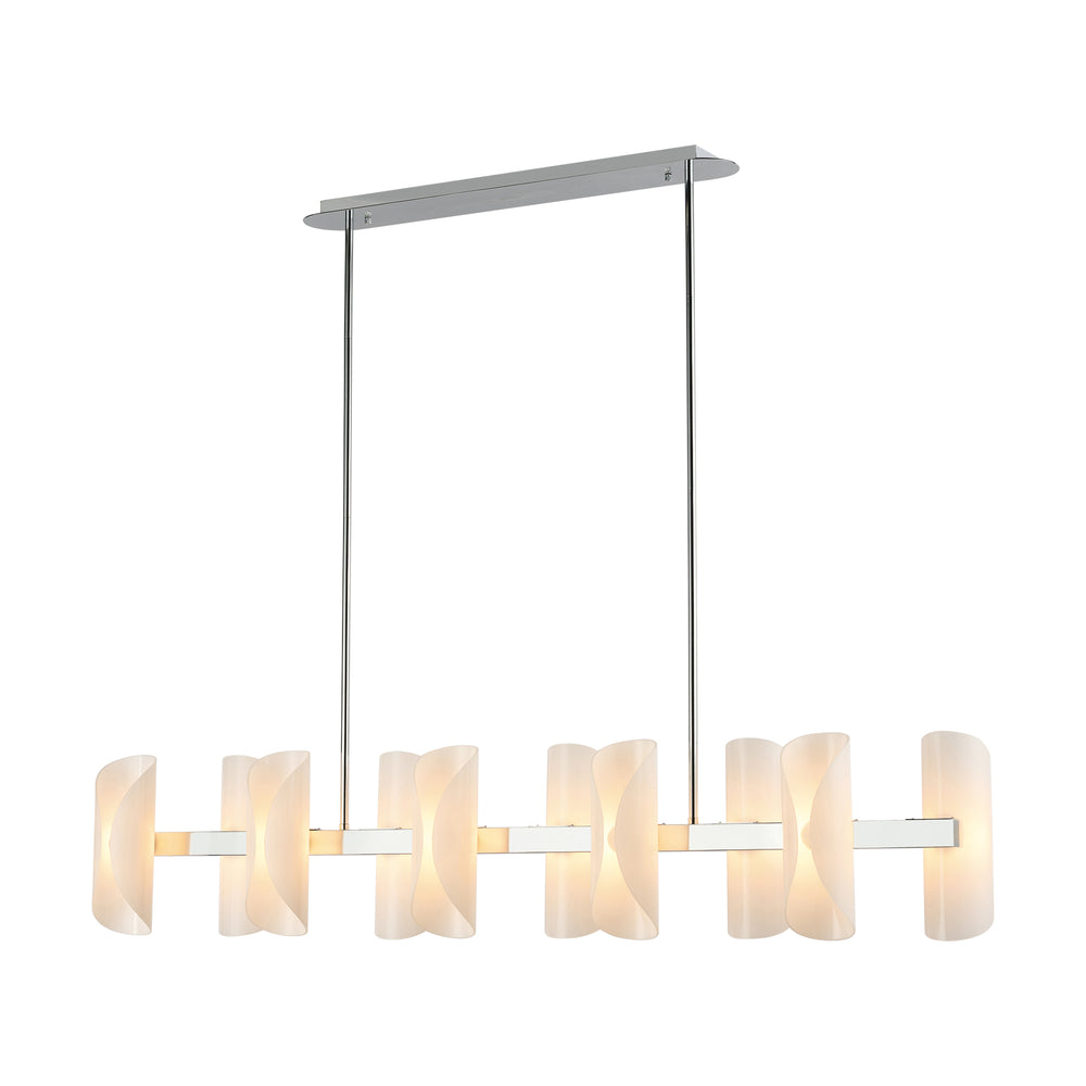 Lucretia Lighting Solvia 1500 linear pendant light front view showing amber glass petals and polished chrome frame