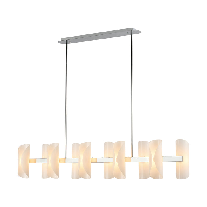 Lucretia Lighting Solvia 1500 linear pendant light front view showing amber glass petals and polished chrome frame