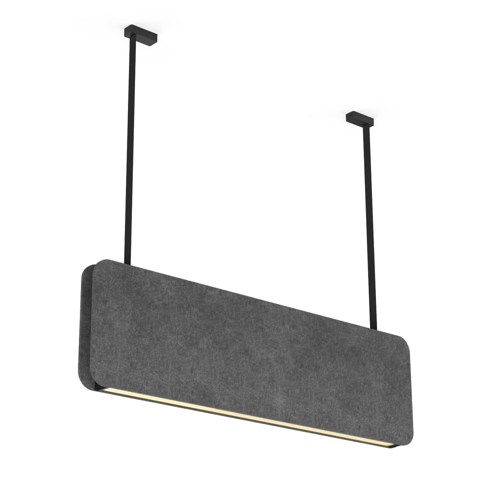 Lucretia SoundWave 1200 acoustic pendant light side view in grey, featuring controlled glare-free illumination and minimalist commercial design.