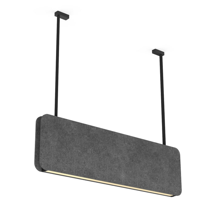 Lucretia SoundWave 1200 acoustic pendant light side view in grey, featuring controlled glare-free illumination and minimalist commercial design.