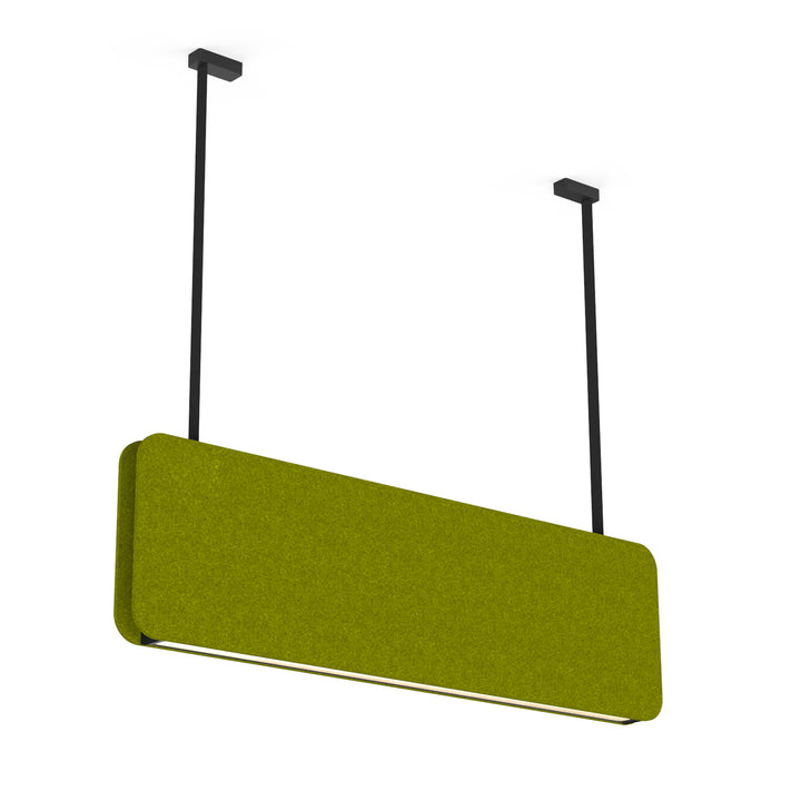 Lucretia SoundWave 1200 acoustic pendant light with green acoustic felt panel, providing soft uniform lighting and noise reduction.