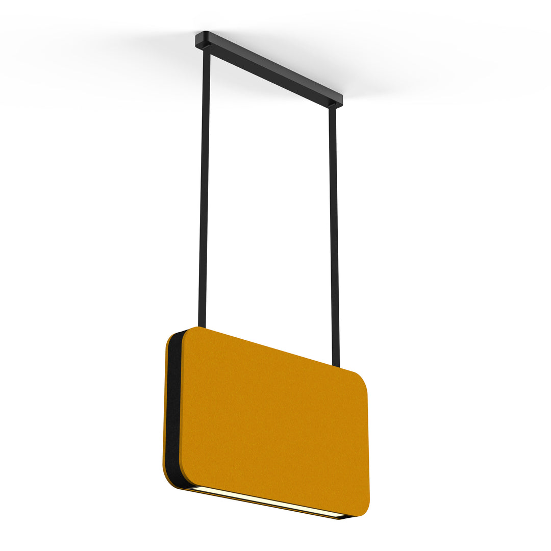 Lucretia SoundWave 610 acoustic pendant light with yellow sound-absorbing felt panel and anti-glare LED system for offices and study areas.